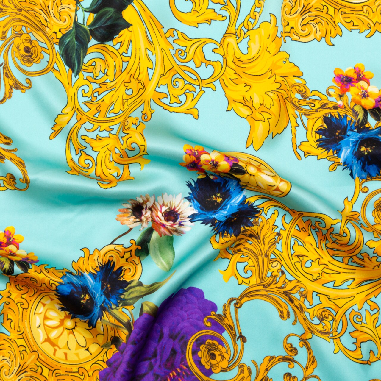 1 Yard Turquoise Gold Luxury Silk Charmeuse Formal Gown Fabric Digital Floral Print, 55 Inches Wide